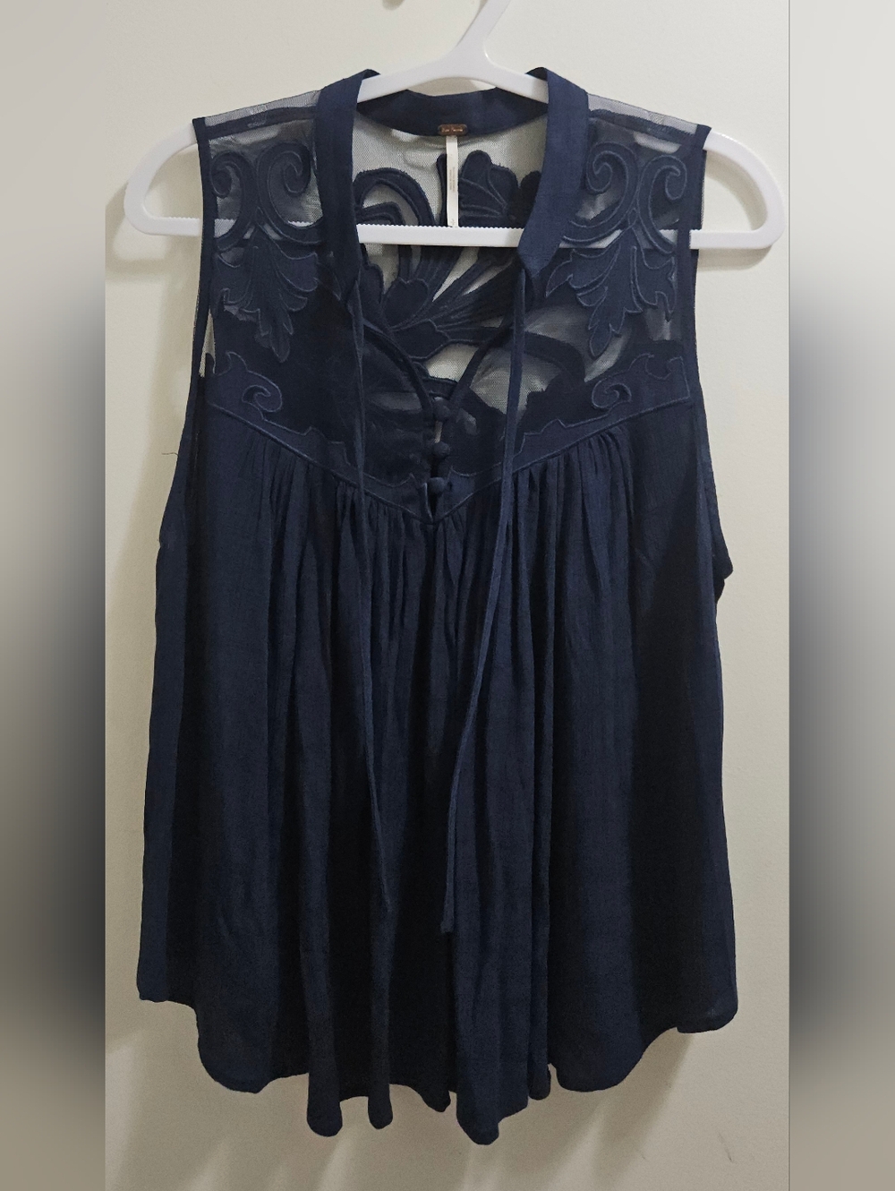 Free People Navy Sheer Yoke Top with Embroidered Appliqué